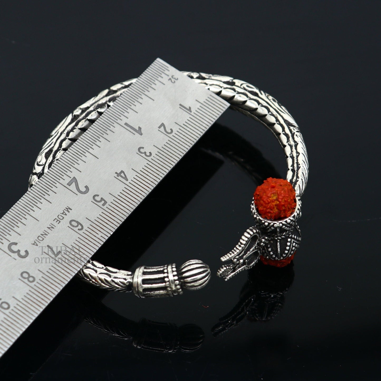 925 Sterling silver handmade chitai work Lord Shiva trident trishul kada bangle bracelet with natural Rudraksha bahubali kada nsk458 - TRIBAL ORNAMENTS