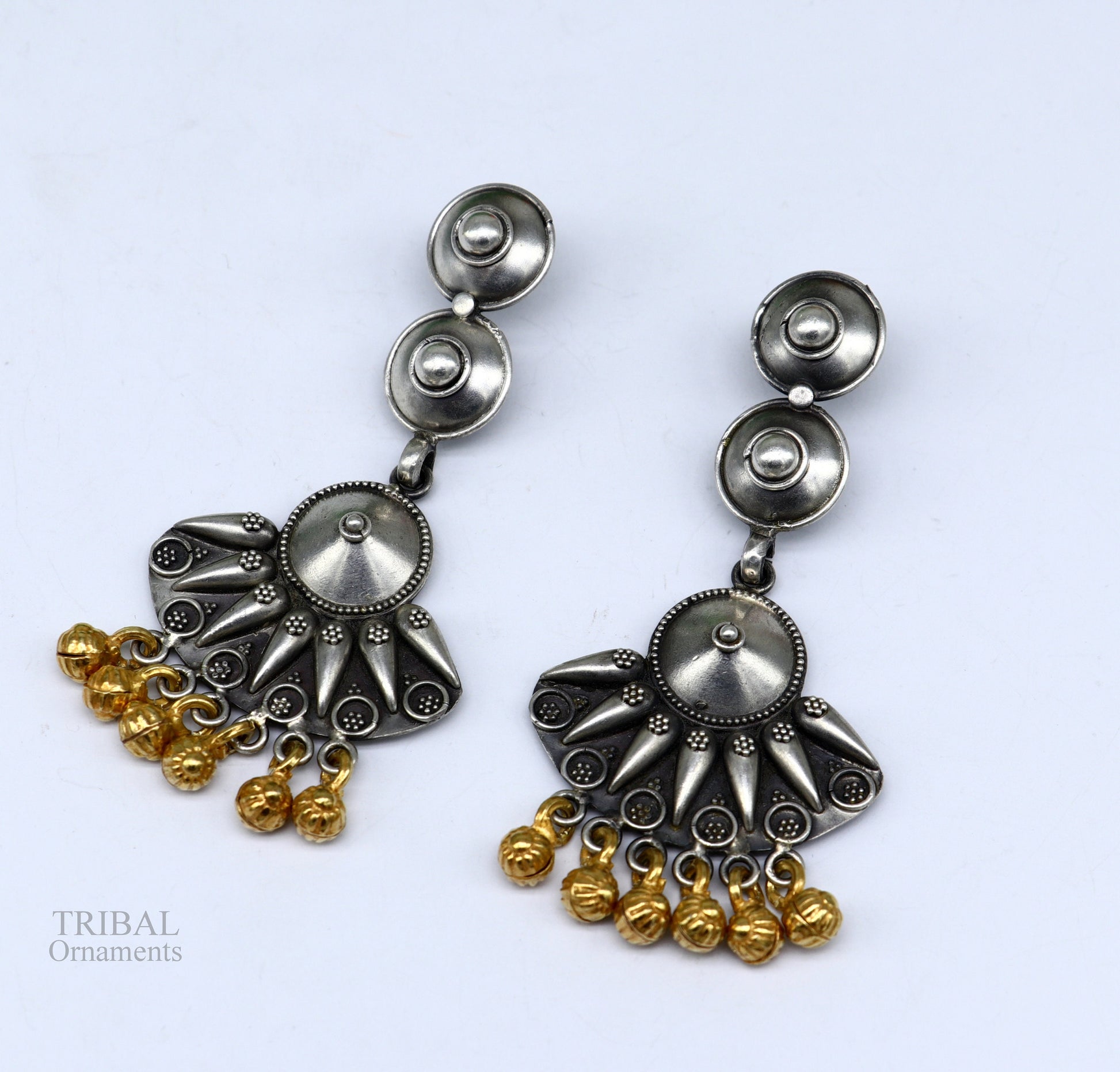 925 sterling silver vintage design traditional stud drop dangle earring with hanging gold polished jingling bells s gifting earrings ear1140 - TRIBAL ORNAMENTS