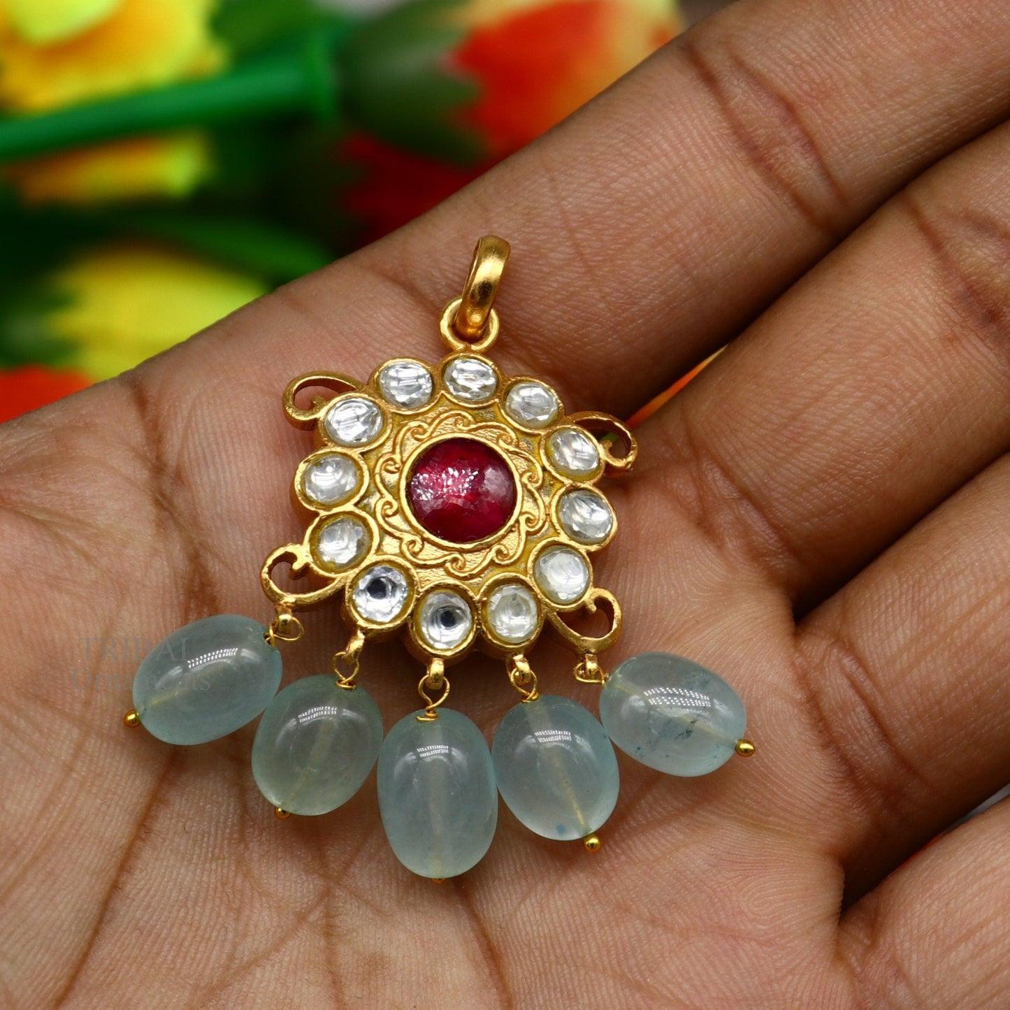 Handmade kundan work 925 sterling silver floral design pendant with gorgeous hanging aqua quartz stone, best gifting wedding jewelry ssp1506 - TRIBAL ORNAMENTS