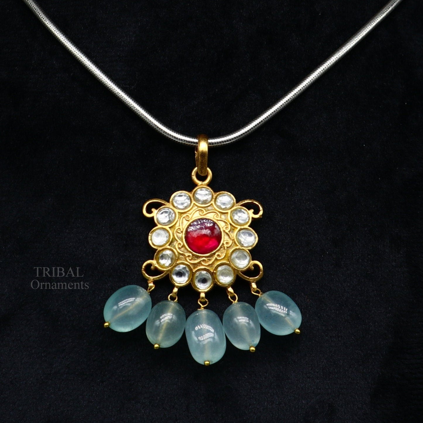 Handmade kundan work 925 sterling silver floral design pendant with gorgeous hanging aqua quartz stone, best gifting wedding jewelry ssp1506 - TRIBAL ORNAMENTS