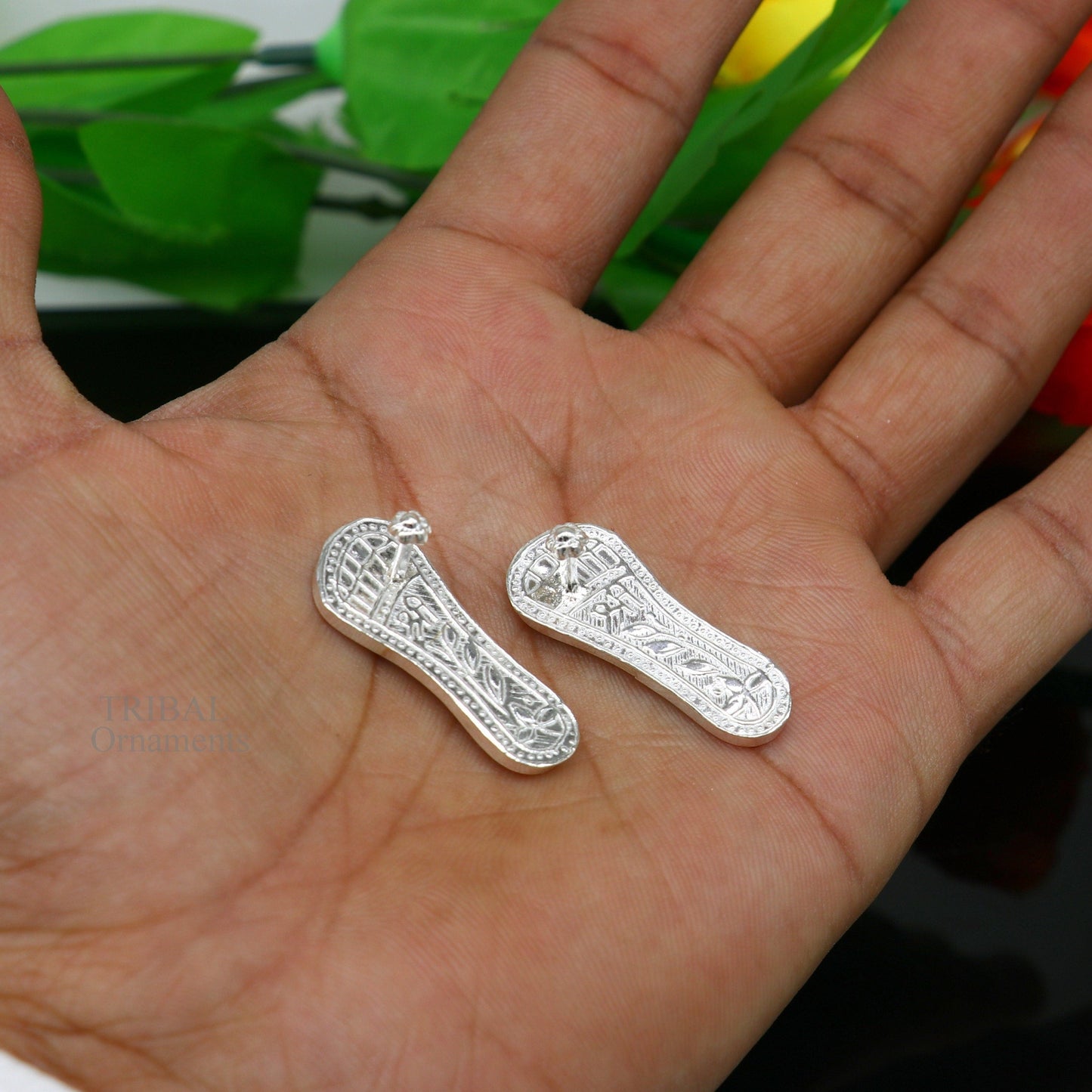 1.2" sterling silver handmade Charan paduka or slippers for idol Krishna, laddu gopala, little krishna or Vshnu Narayana puja art su694 - TRIBAL ORNAMENTS