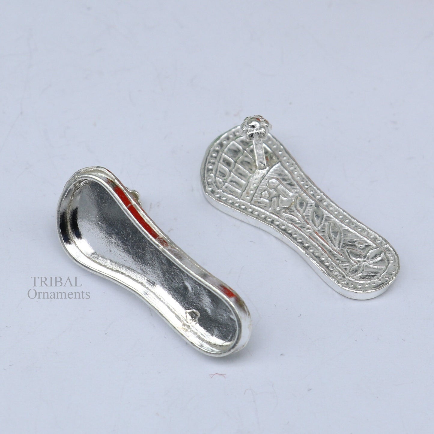 1.2" sterling silver handmade Charan paduka or slippers for idol Krishna, laddu gopala, little krishna or Vshnu Narayana puja art su694 - TRIBAL ORNAMENTS