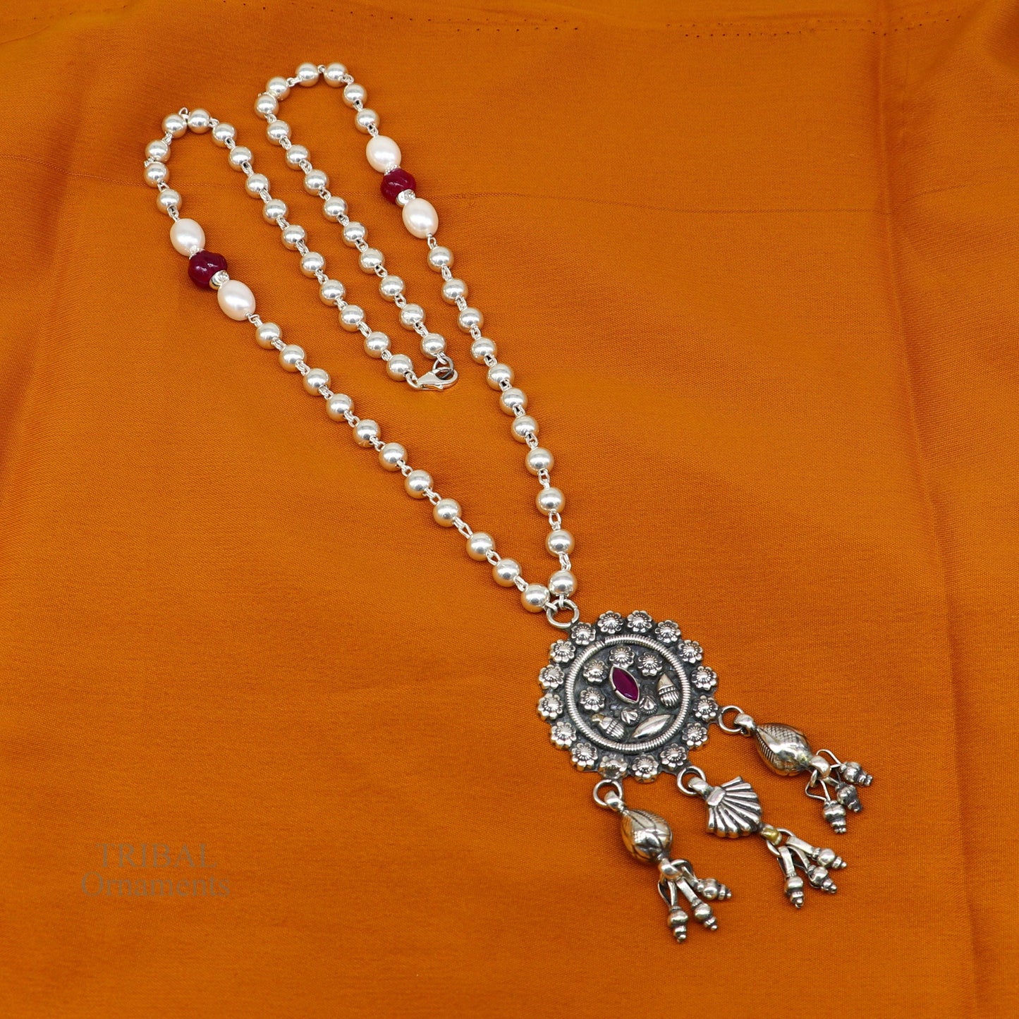 Awesome 925 sterling silver beads chain necklace, gorgeous flower design pendant, traditional style brides mangalsutra necklace nec357 - TRIBAL ORNAMENTS
