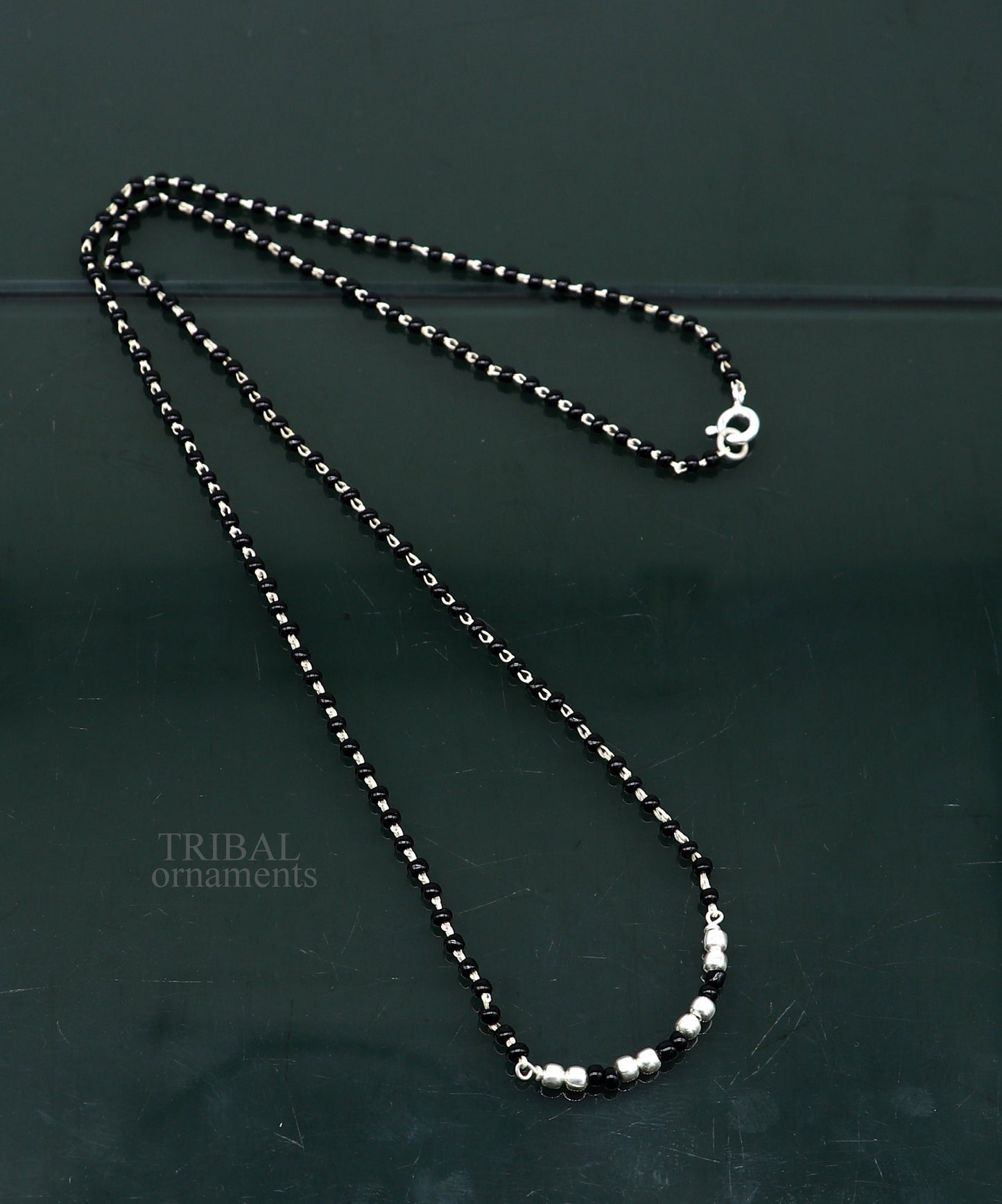 Elegant 925 sterling silver black beads chain necklace, gorgeous small stone design pendant, Mangalsutra chain beaded necklace set327 - TRIBAL ORNAMENTS