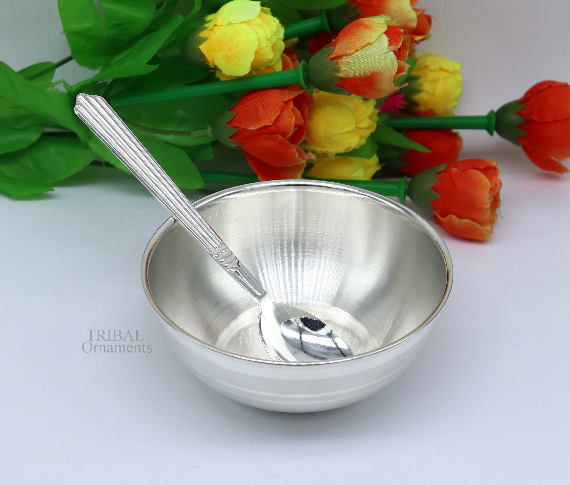 999 pure sterling silver handmade solid silver bowl and spoon, healthy serving bowl, silver vessels, baby serving utensils baby set sv261 - TRIBAL ORNAMENTS