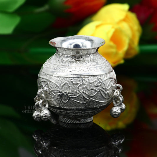 Exclusive 925 sterling silver handmade plain small Kalash or pot, unique special silver puja article, water or milk kalash pot india su704 - TRIBAL ORNAMENTS