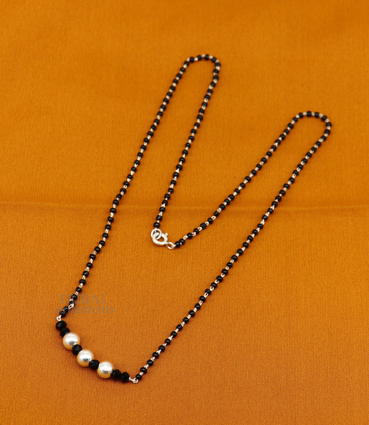 Elegant 925 sterling silver black beads chain necklace, gorgeous small silver bead design pendant, Mangalsutra chain beaded necklace set325 - TRIBAL ORNAMENTS