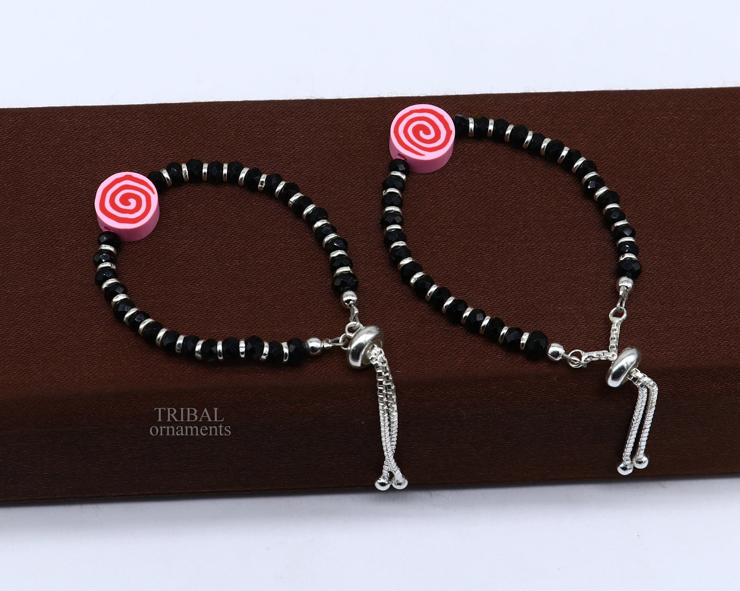 Stylish baby black beaded bangle bracelet or ankle bracelet 925 sterling silver handmade customized kids jewelry form india bbr41 - TRIBAL ORNAMENTS