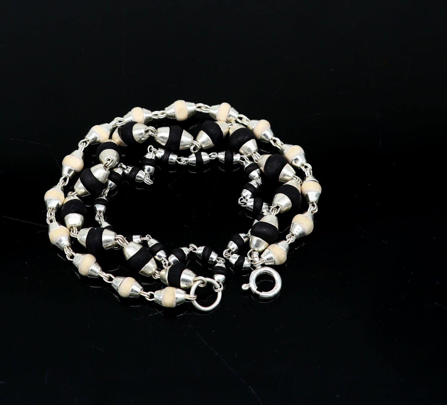 Black and white holy basil rosary plant /tulsi plant wood beaded Sterling silver handmade fabulous 3 line bracelet jewelry India sbr264 - TRIBAL ORNAMENTS