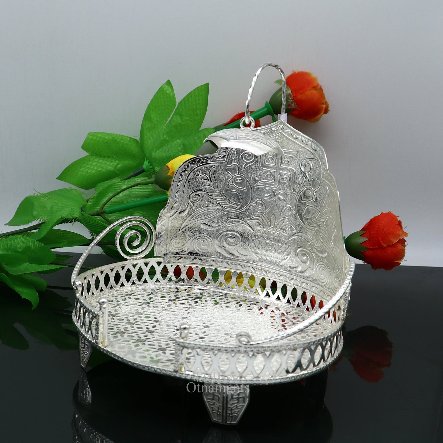 925 pure sterling silver handcrafted small sinhasan, idol krishna Bal Gopala throne, god statue's stand chair, temple art puja article su709 - TRIBAL ORNAMENTS