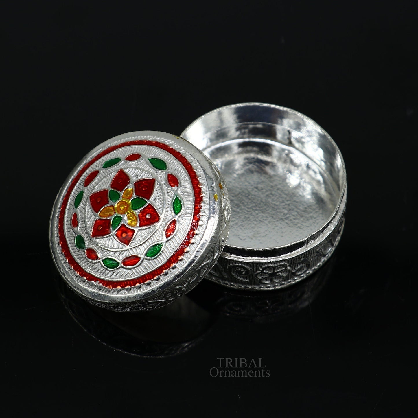 925 sterling silver trinket box, kumkum box/ casket box bridal gifts enamel jewelry box collection, container box, jewelry box art stb355 - TRIBAL ORNAMENTS