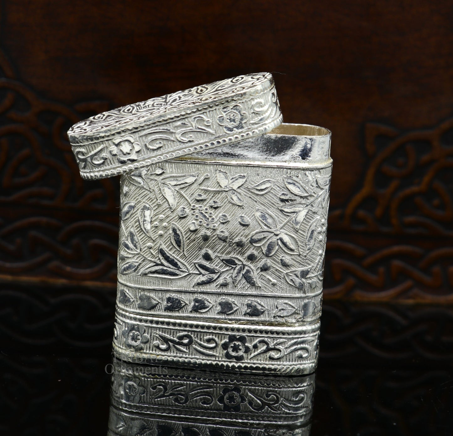 925 sterling silver handcrafted floral design 2 in1 trinket box, tobacco box, tobacco and chuna box, best gifting royal article stb360 - TRIBAL ORNAMENTS