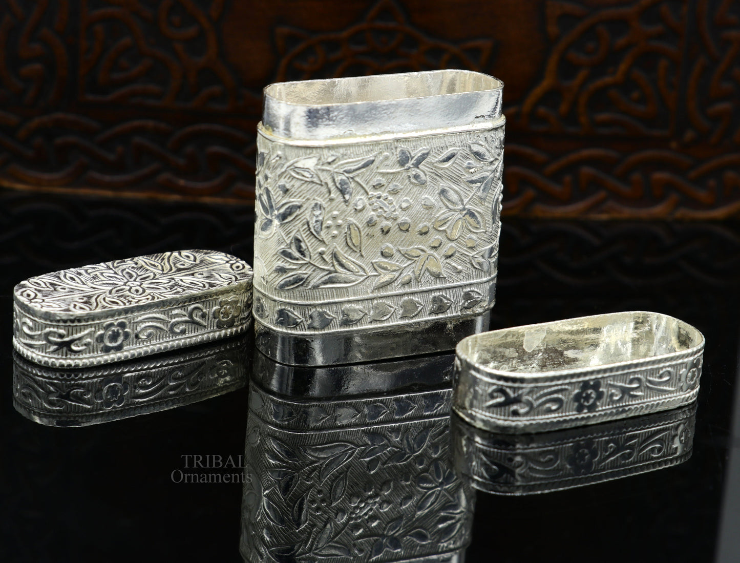 925 sterling silver handcrafted floral design 2 in1 trinket box, tobacco box, tobacco and chuna box, best gifting royal article stb360 - TRIBAL ORNAMENTS
