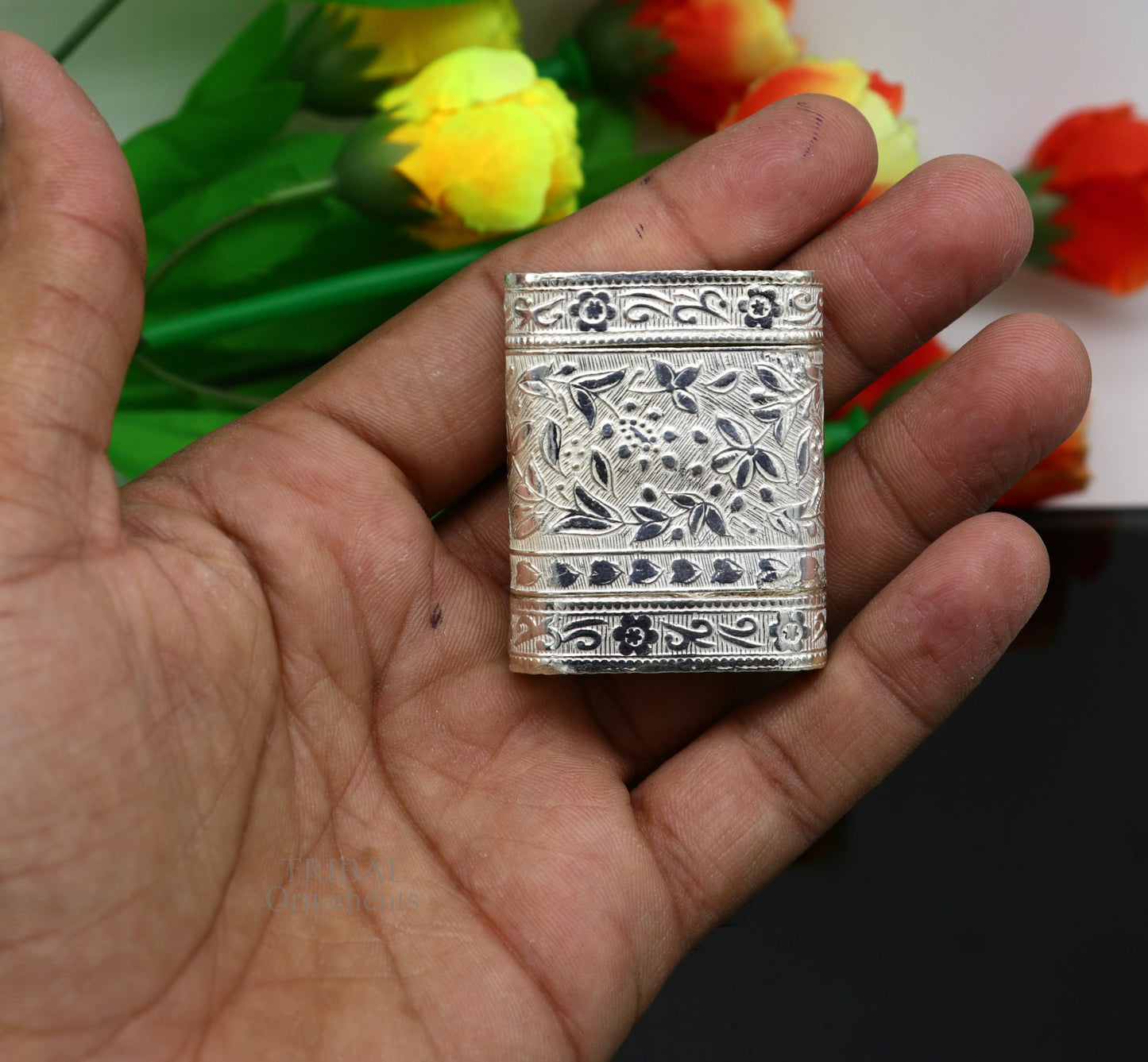 925 sterling silver handcrafted floral design 2 in1 trinket box, tobacco box, tobacco and chuna box, best gifting royal article stb360 - TRIBAL ORNAMENTS