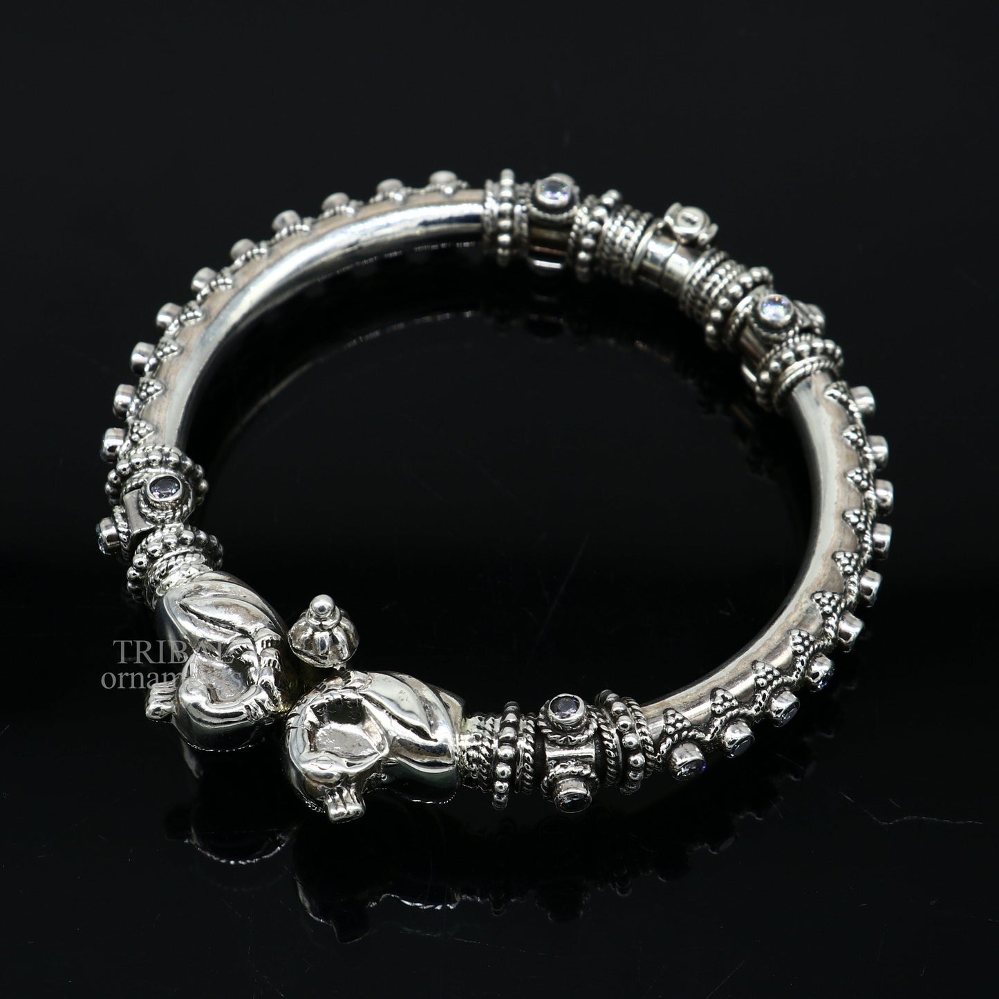 925 Sterling silver handmade vintage peacock design cubic zircon stone tribal ethnic belly dance bangle bracelet gifting kada Rnsk480 - TRIBAL ORNAMENTS