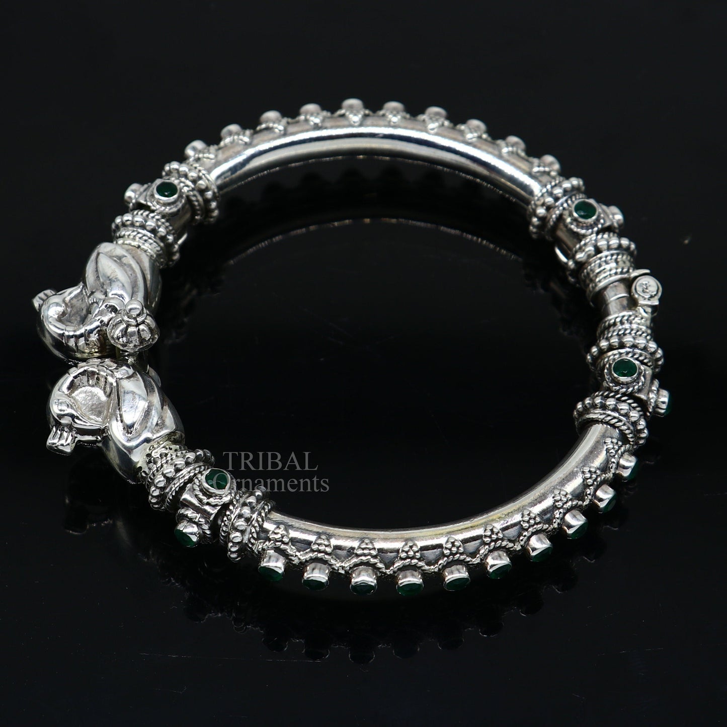 925 Sterling silver handmade vintage peacock design cubic zircon stone tribal ethnic belly dance bangle bracelet gifting kada Rnsk482 - TRIBAL ORNAMENTS