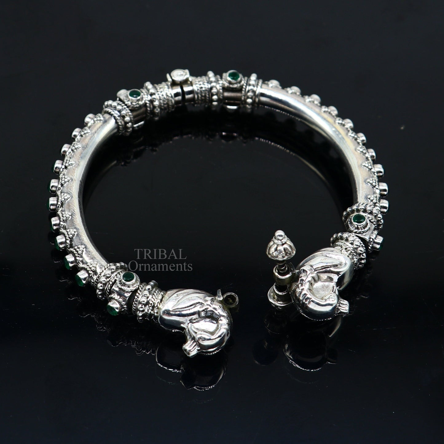 925 Sterling silver handmade vintage peacock design cubic zircon stone tribal ethnic belly dance bangle bracelet gifting kada Rnsk482 - TRIBAL ORNAMENTS