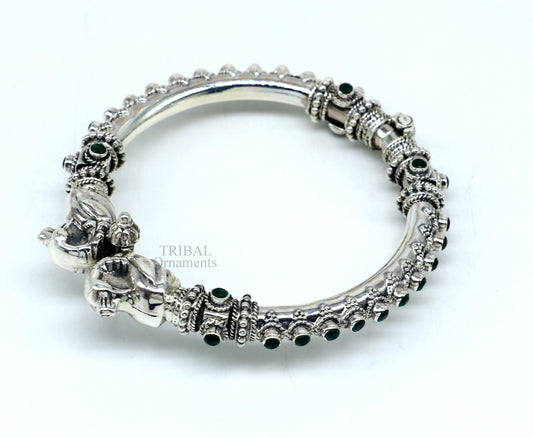 925 Sterling silver handmade vintage peacock design cubic zircon stone tribal ethnic belly dance bangle bracelet gifting kada Rnsk482 - TRIBAL ORNAMENTS