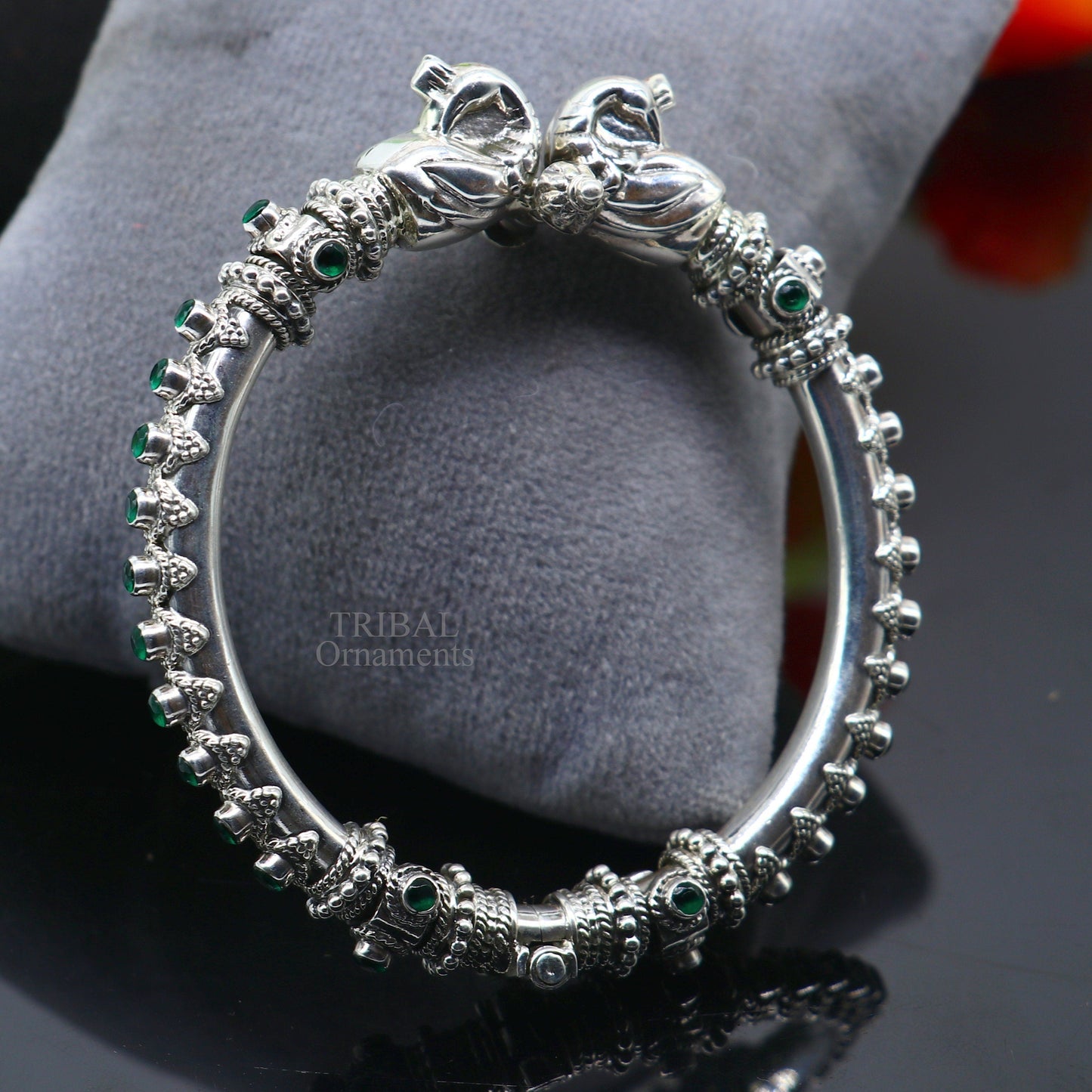 925 Sterling silver handmade vintage peacock design cubic zircon stone tribal ethnic belly dance bangle bracelet gifting kada Rnsk482 - TRIBAL ORNAMENTS