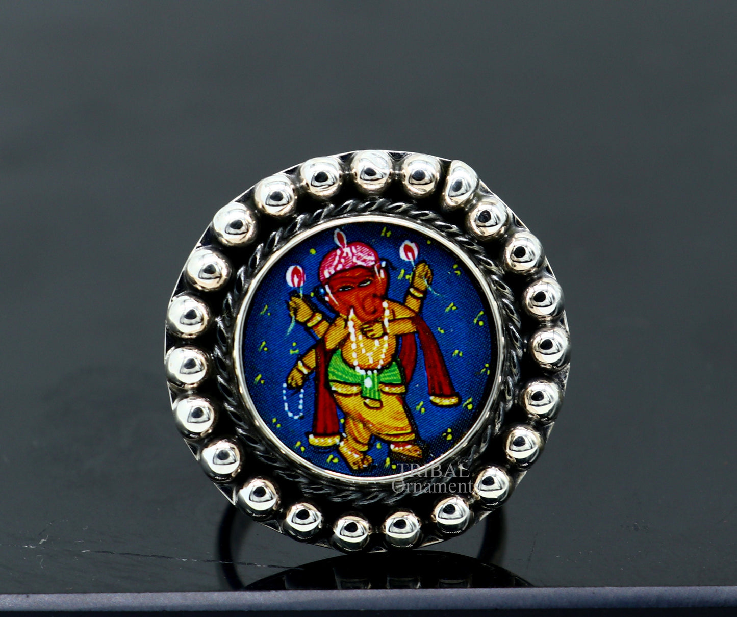 925 sterling silver adjustable ring band with fabulous lord Ganesh miniature art painting ring Stylish ethnic party jewelry RRing519 - TRIBAL ORNAMENTS