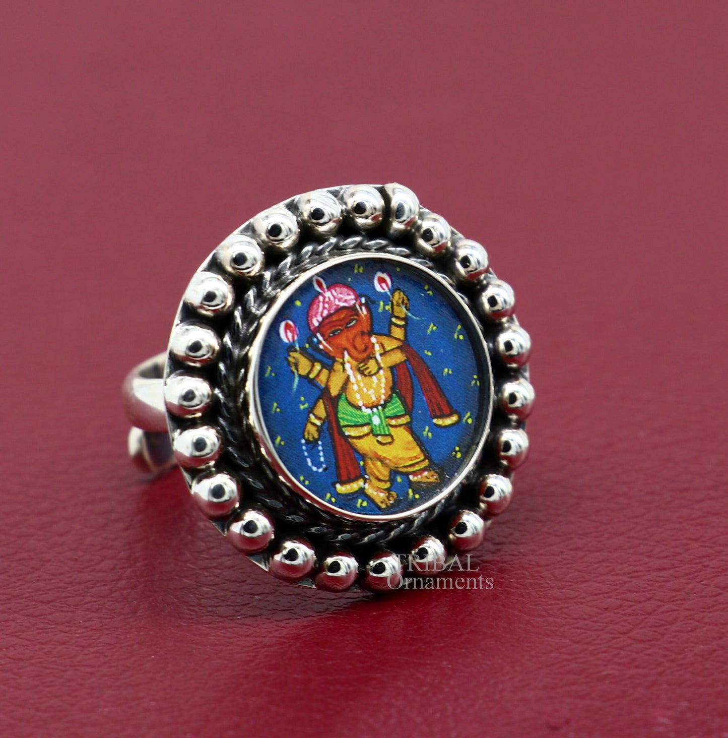 925 sterling silver adjustable ring band with fabulous lord Ganesh miniature art painting ring Stylish ethnic party jewelry RRing519 - TRIBAL ORNAMENTS