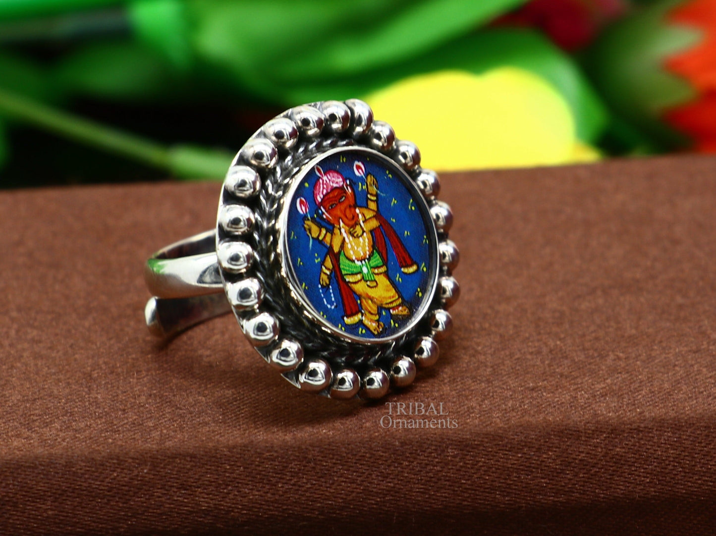 925 sterling silver adjustable ring band with fabulous lord Ganesh miniature art painting ring Stylish ethnic party jewelry RRing519 - TRIBAL ORNAMENTS