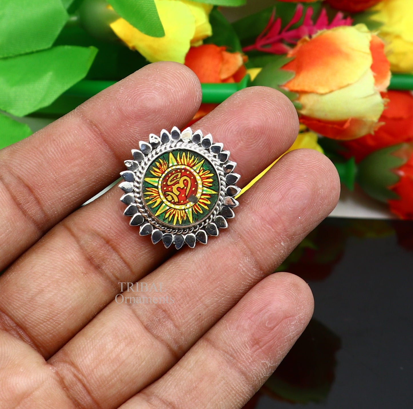 925 sterling silver band fabulous Idol Aum or OM miniature art painting ring Stylish ethnic party functional jewelry RRing510 - TRIBAL ORNAMENTS