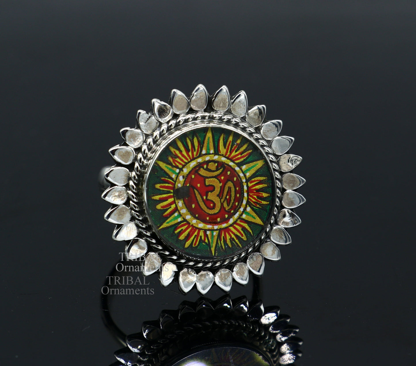 925 sterling silver band fabulous Idol Aum or OM miniature art painting ring Stylish ethnic party functional jewelry RRing510 - TRIBAL ORNAMENTS