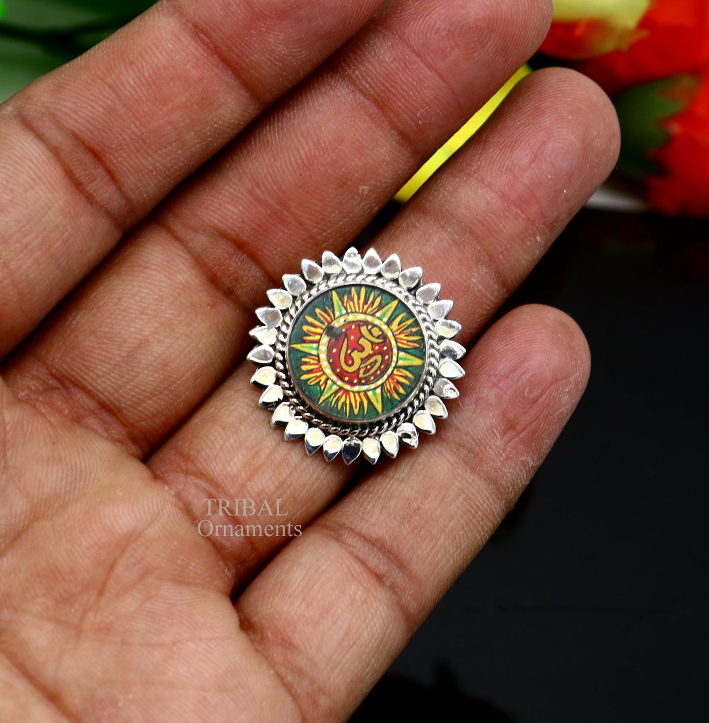 925 sterling silver band fabulous Idol Aum or OM miniature art painting ring Stylish ethnic party functional jewelry RRing510 - TRIBAL ORNAMENTS
