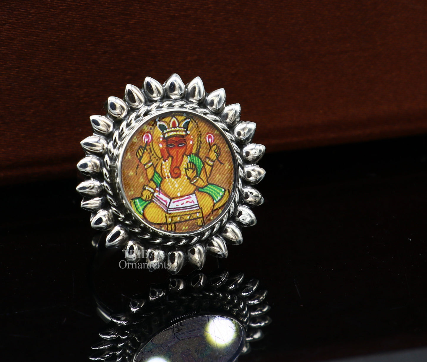 925 sterling silver adjustable ring band fabulous lord Ganesh studying miniature art painting frame ring Stylish ethnic jewelry RRing529 - TRIBAL ORNAMENTS