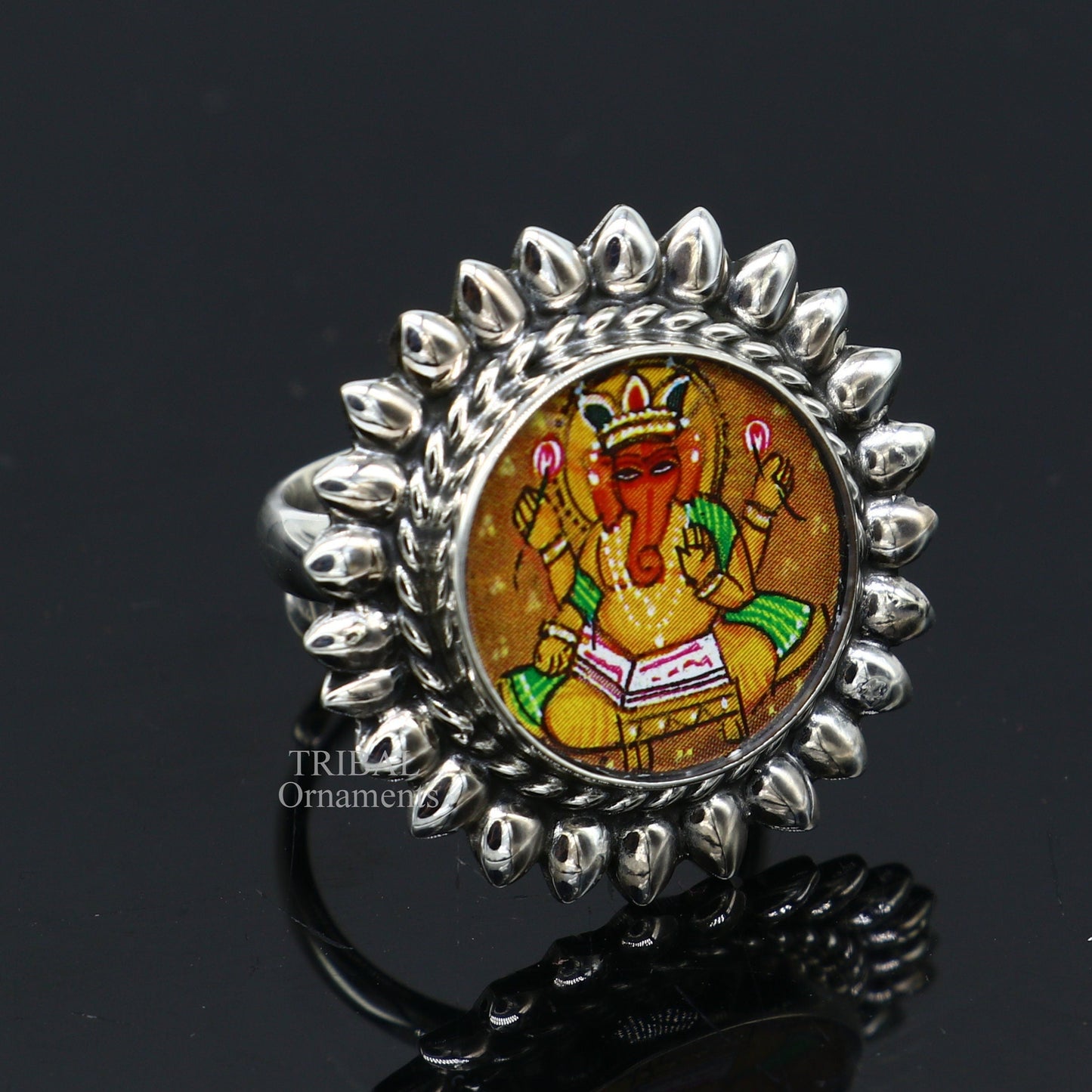 925 sterling silver adjustable ring band fabulous lord Ganesh studying miniature art painting frame ring Stylish ethnic jewelry RRing529 - TRIBAL ORNAMENTS