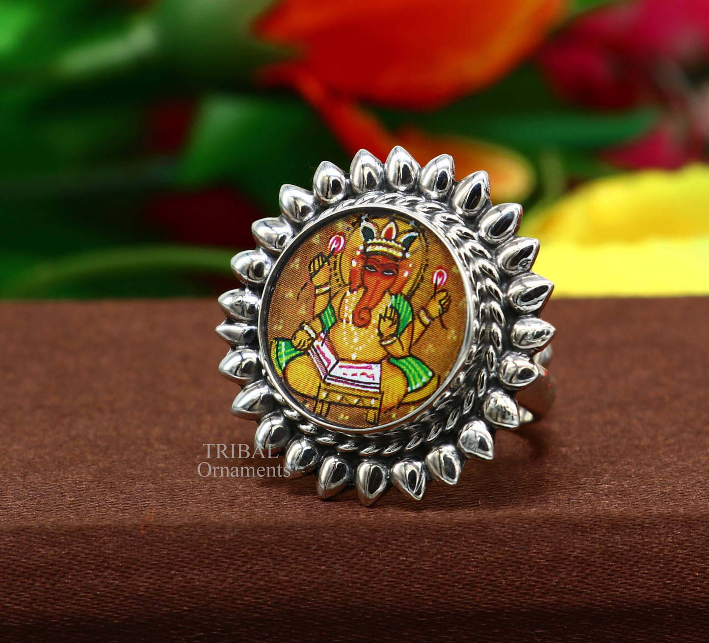 925 sterling silver adjustable ring band fabulous lord Ganesh studying miniature art painting frame ring Stylish ethnic jewelry RRing529 - TRIBAL ORNAMENTS