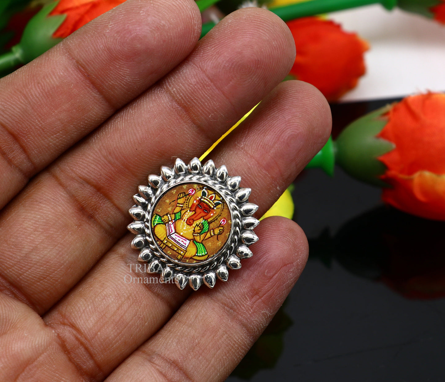925 sterling silver adjustable ring band fabulous lord Ganesh studying miniature art painting frame ring Stylish ethnic jewelry RRing529 - TRIBAL ORNAMENTS