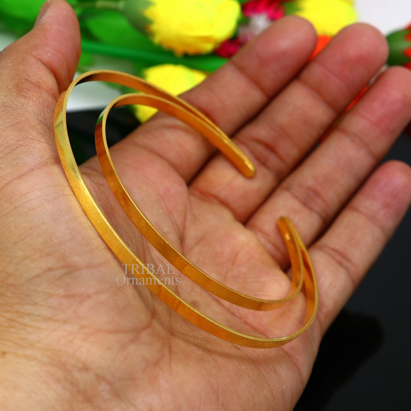 925 sterling silver handmade gold polished bangle bracelet double layer cuff kada jewelry, tribal belly dance jewelry from india hnssk731 - TRIBAL ORNAMENTS