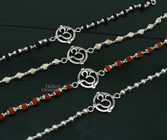 925 sterling silver handmade Mantra Aum OM design Rakhi bracelet amazing Rudraksha or Tulsi beaded bracelet, use as daily use jewelry rk187 - TRIBAL ORNAMENTS