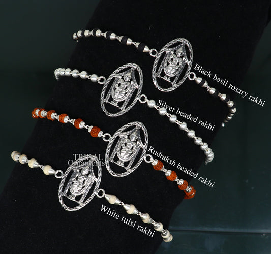 925 sterling silver handmade Lord Krishna on betel leaf Rakhi bracelet amazing Rudraksha or Tulsi beaded bracelet, daily use jewelry rk188 - TRIBAL ORNAMENTS