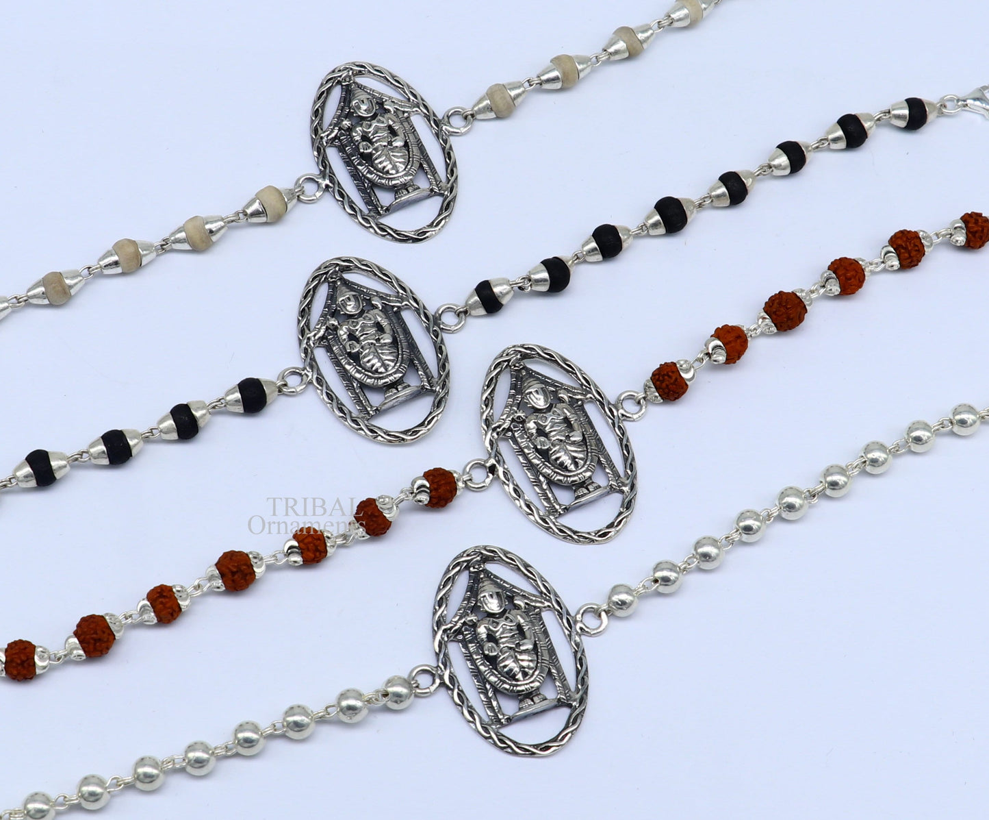 925 sterling silver handmade Lord Krishna on betel leaf Rakhi bracelet amazing Rudraksha or Tulsi beaded bracelet, daily use jewelry rk188 - TRIBAL ORNAMENTS