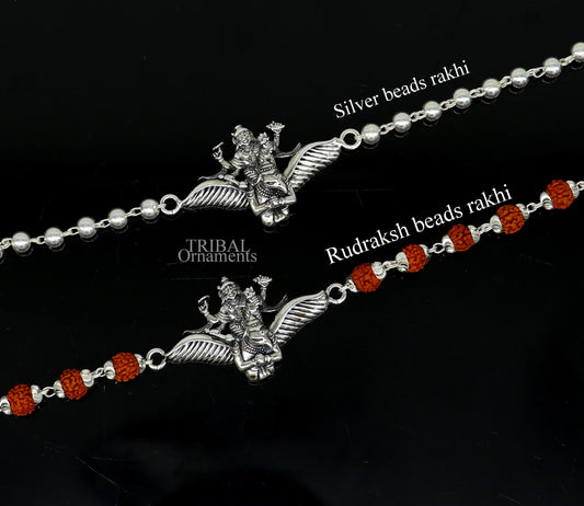 Lord vishnu with Garuda 925 Sterling silver Rakhi bracelet Rrudrakha and silver beads best gift for your brother's for special gifting rk197 - TRIBAL ORNAMENTS