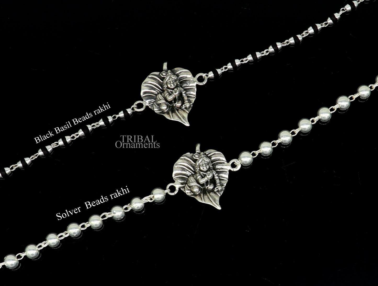 Amazing Krishna Laddu Gopala Rakhi 925 sterling silver handmade Rakhi bracelet, amazing black Tulsi beaded and silver bracelet rk205 - TRIBAL ORNAMENTS