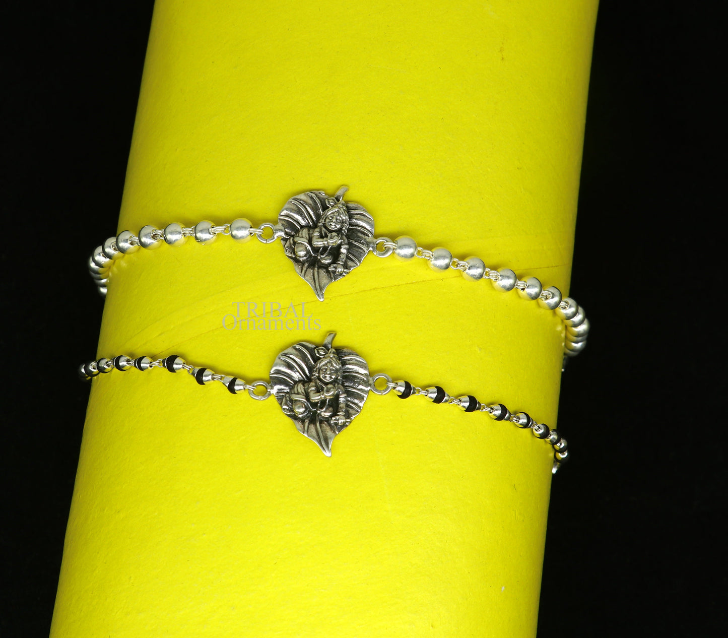 Amazing Krishna Laddu Gopala Rakhi 925 sterling silver handmade Rakhi bracelet, amazing black Tulsi beaded and silver bracelet rk205 - TRIBAL ORNAMENTS
