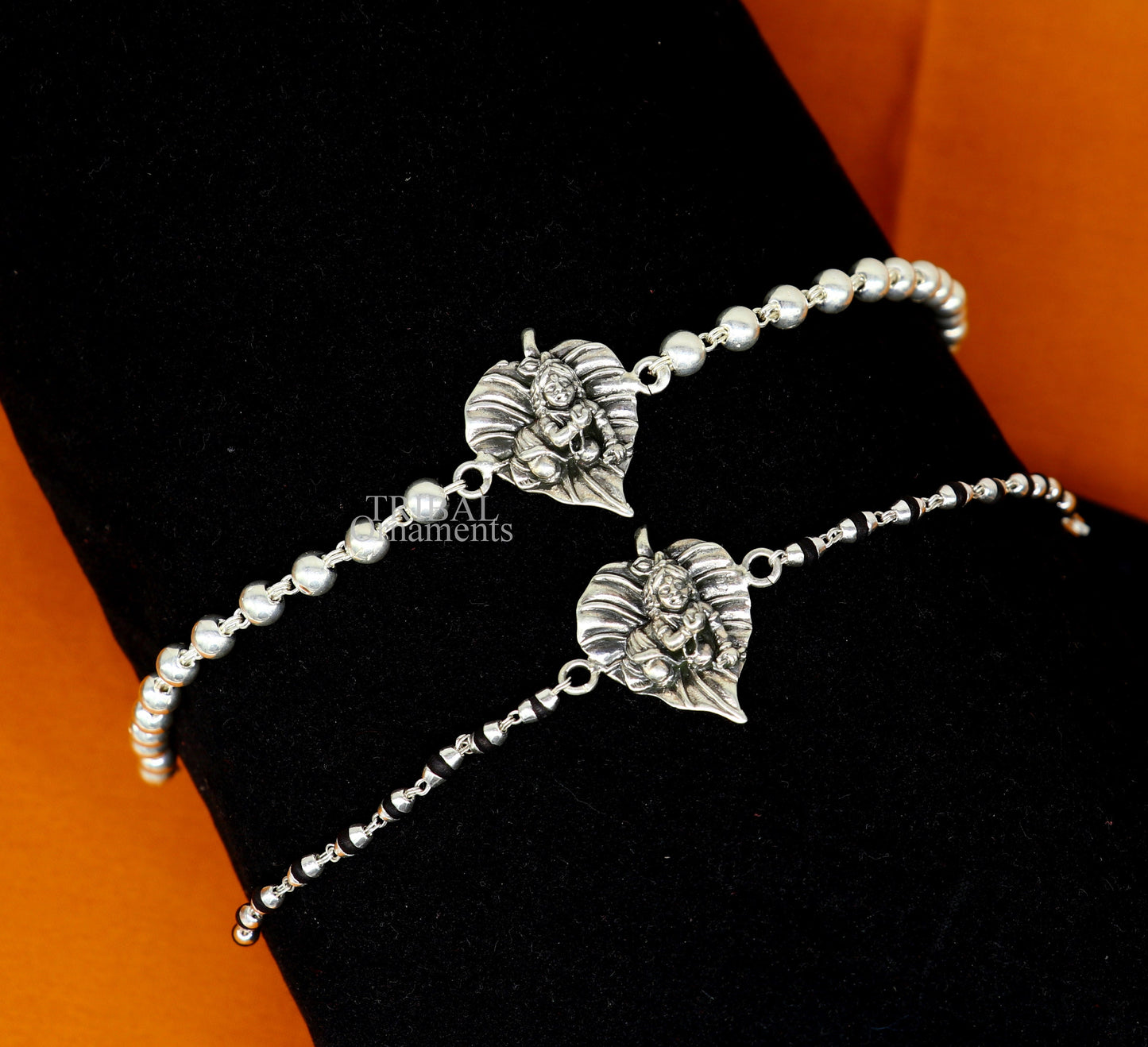 Amazing Krishna Laddu Gopala Rakhi 925 sterling silver handmade Rakhi bracelet, amazing black Tulsi beaded and silver bracelet rk205 - TRIBAL ORNAMENTS