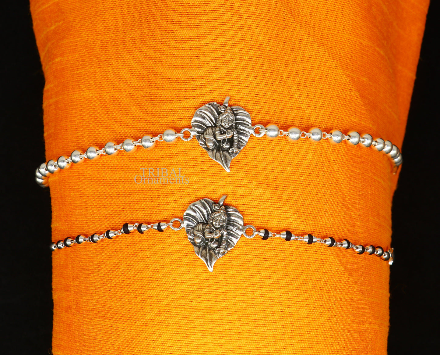 Amazing Krishna Laddu Gopala Rakhi 925 sterling silver handmade Rakhi bracelet, amazing black Tulsi beaded and silver bracelet rk205 - TRIBAL ORNAMENTS