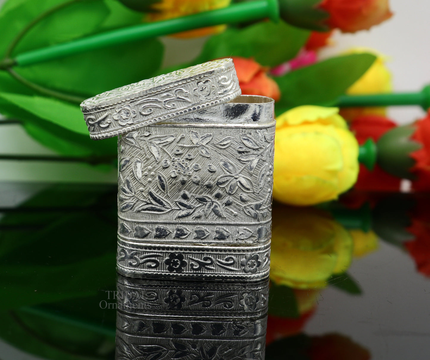 925 sterling silver handcrafted floral design 2 in1 trinket box, tobacco box, tobacco and chuna box, best gifting royal article stb360 - TRIBAL ORNAMENTS