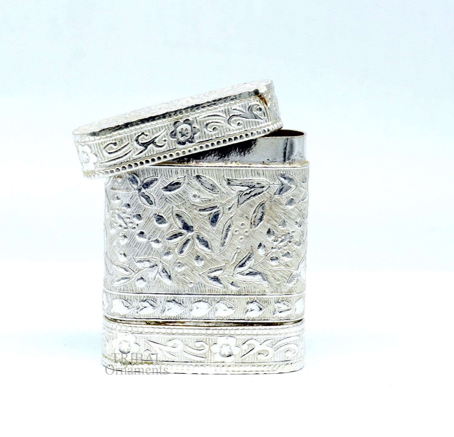 925 sterling silver handcrafted floral design 2 in1 trinket box, tobacco box, tobacco and chuna box, best gifting royal article stb360 - TRIBAL ORNAMENTS
