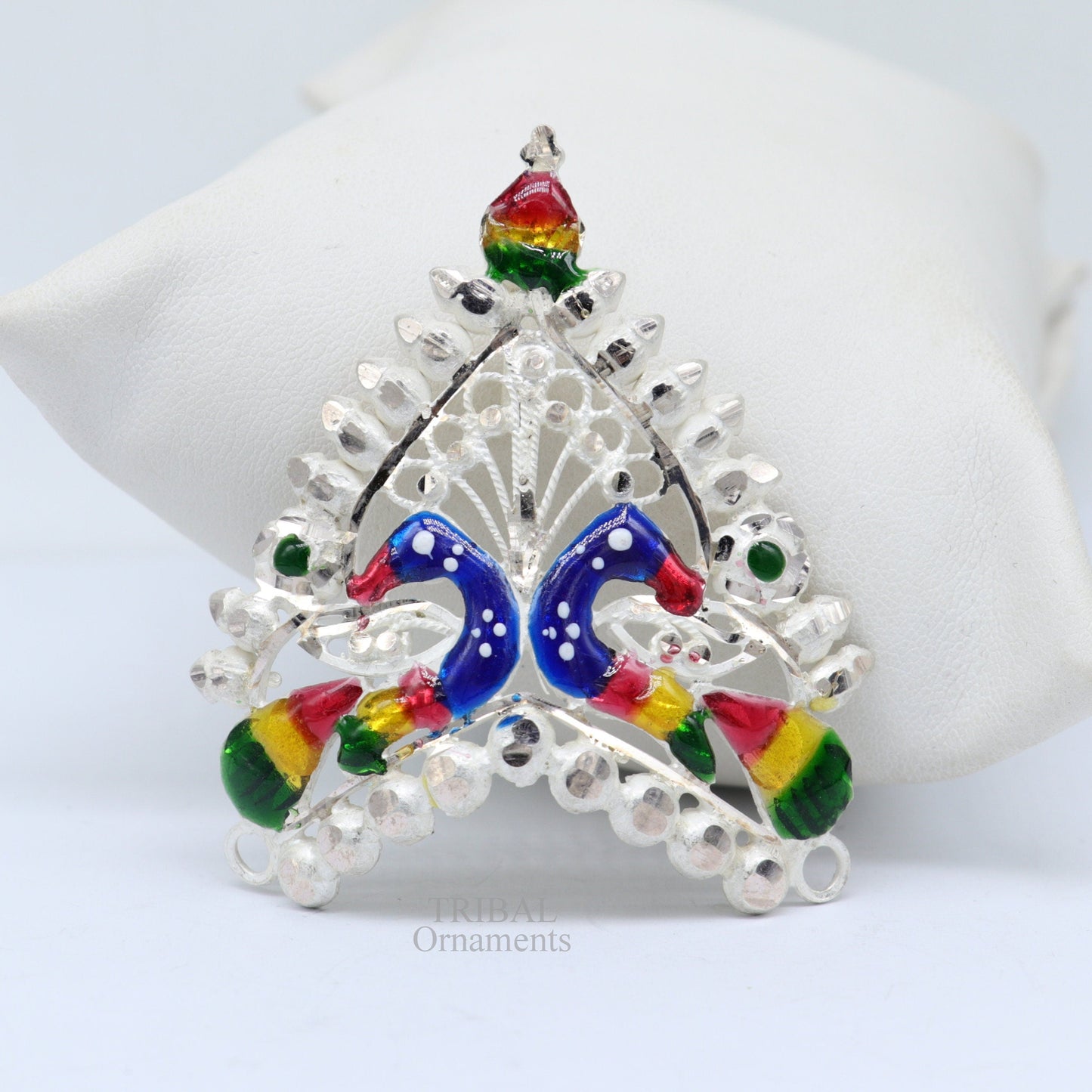 Baby krishna crown or mukut fabulous enamel peacock design 925 silver handmade idol krishna mukut gifting crawling krishna jewelry su721 - TRIBAL ORNAMENTS