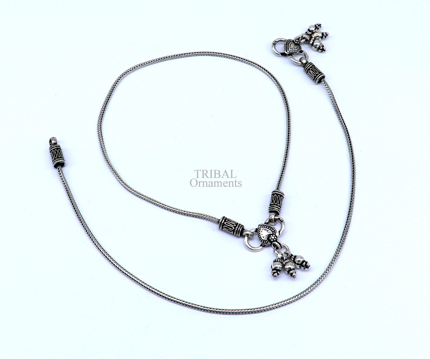 10.5" 925 Sterling silver handmade wheat chain ankle bracelet, vintage oxidized charm anklets, tribal belly dance customized jewelry nank468 - TRIBAL ORNAMENTS