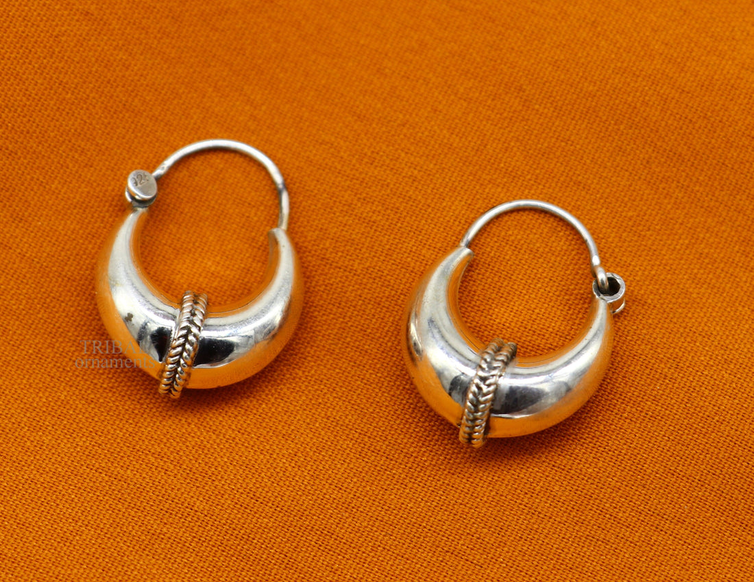 925 sterling silver Handmade vintage ethnic style hoops earrings Kundal unisex tribal stylish unique Bali jewelry from India ear1226 - TRIBAL ORNAMENTS