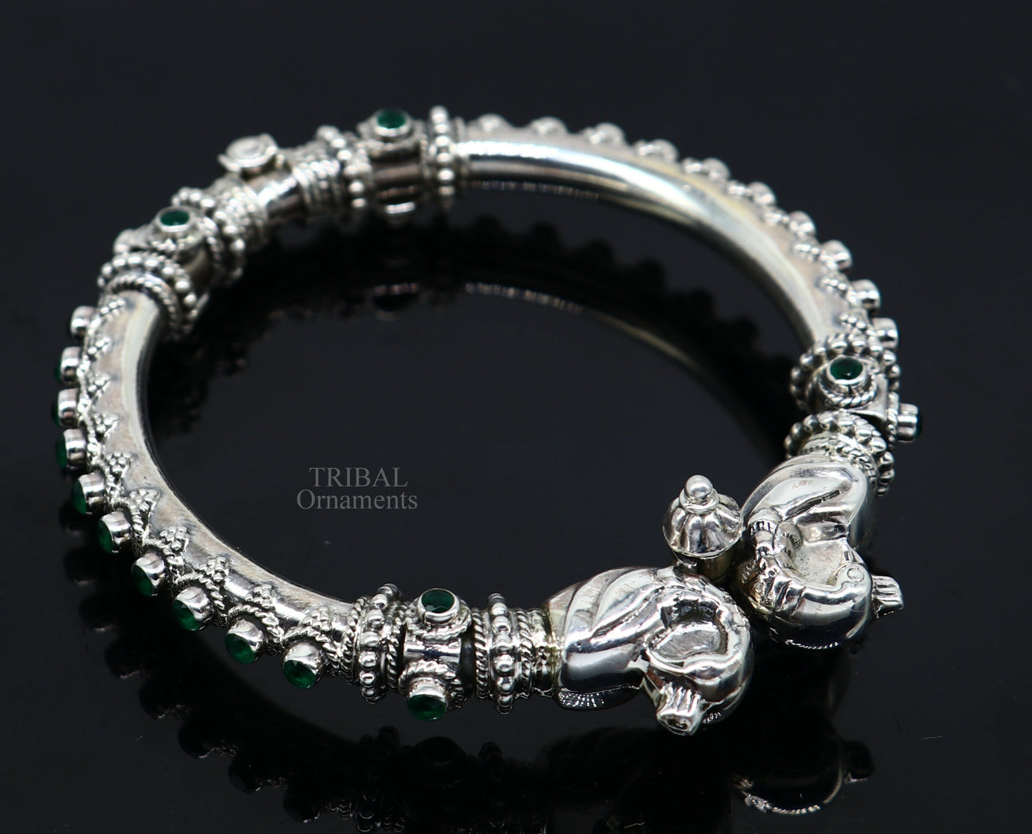 925 Sterling silver handmade vintage peacock design cubic zircon stone tribal ethnic belly dance bangle bracelet gifting kada Rnsk482 - TRIBAL ORNAMENTS
