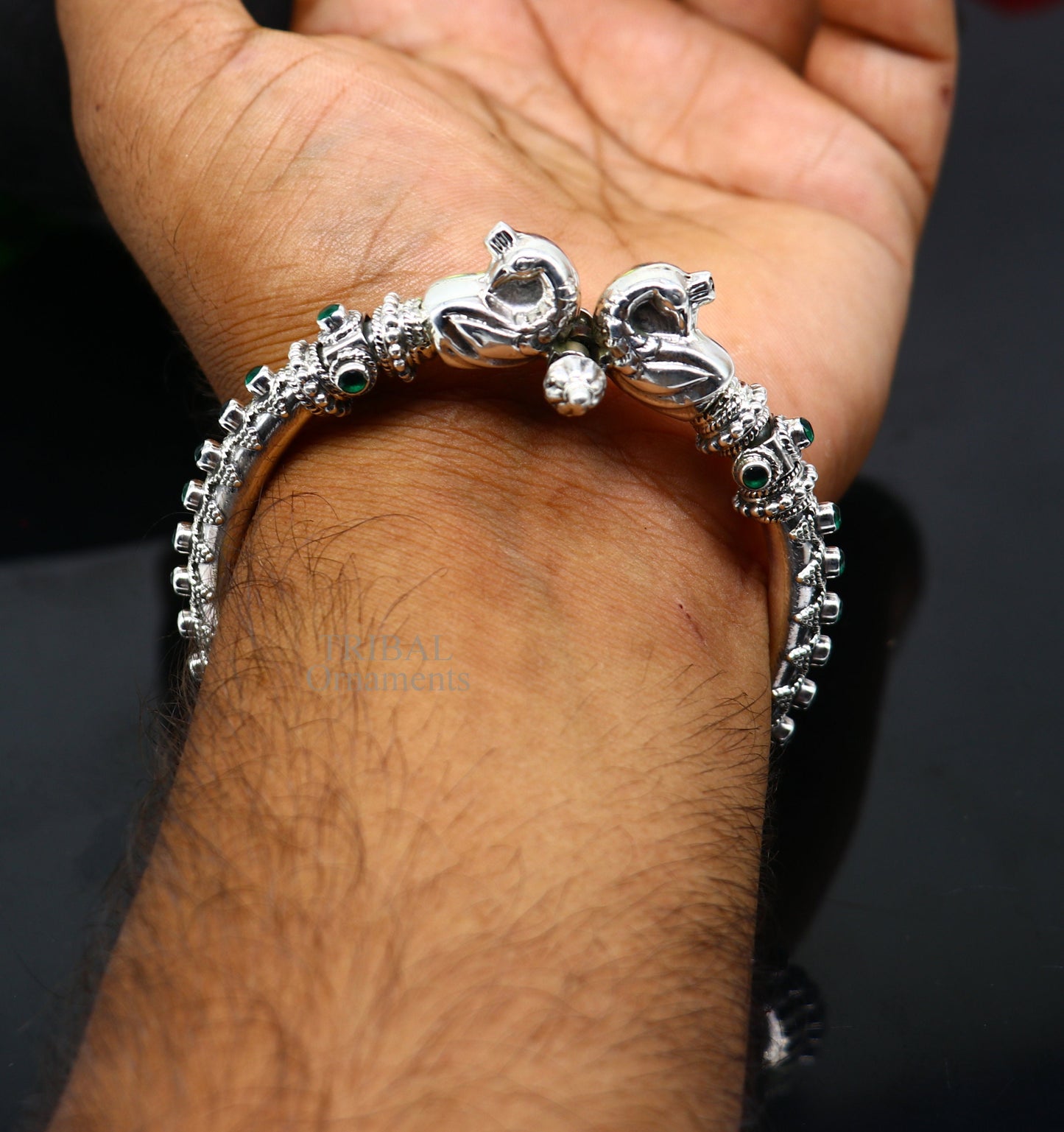 925 Sterling silver handmade vintage peacock design cubic zircon stone tribal ethnic belly dance bangle bracelet gifting kada Rnsk482 - TRIBAL ORNAMENTS
