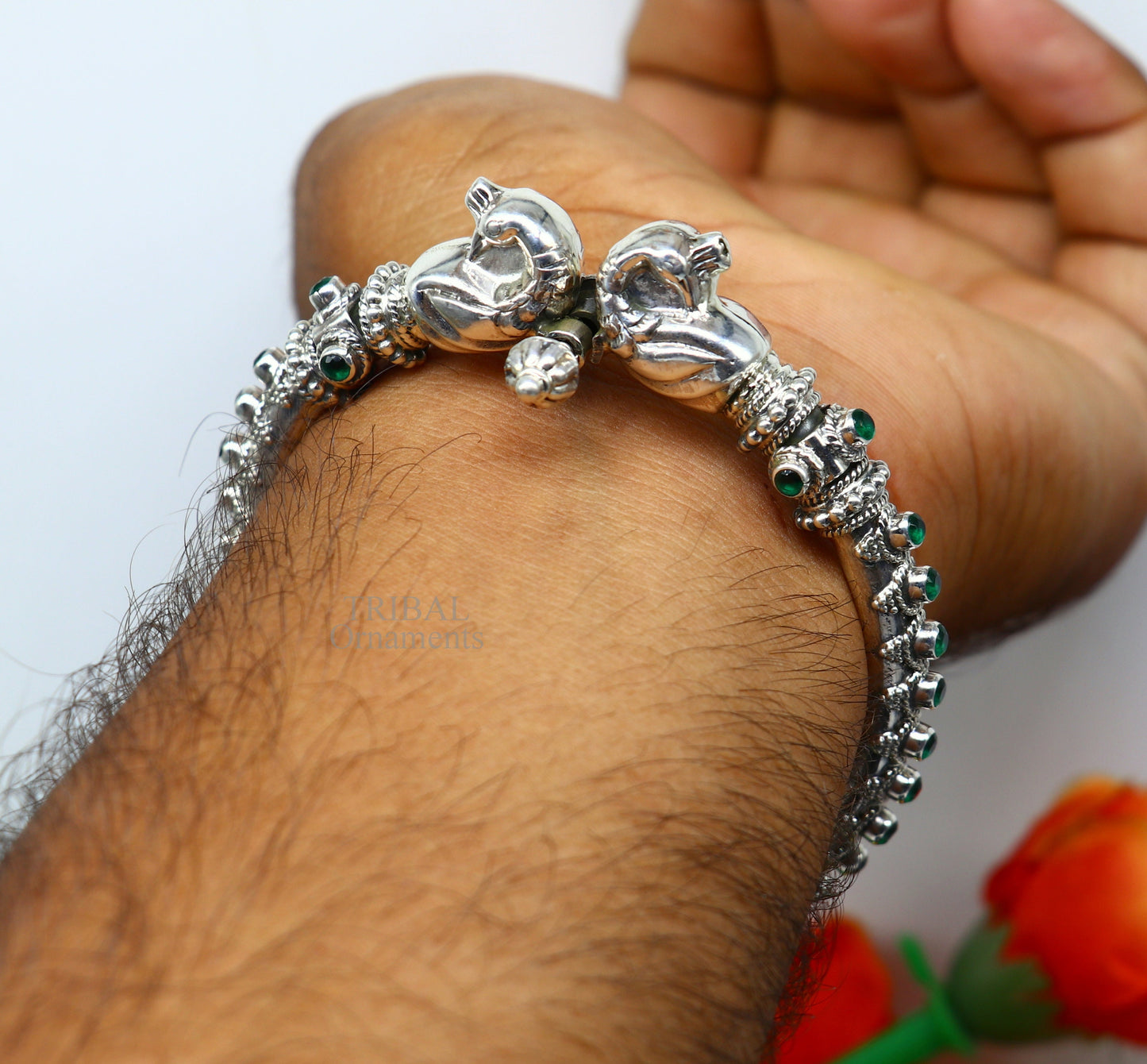 925 Sterling silver handmade vintage peacock design cubic zircon stone tribal ethnic belly dance bangle bracelet gifting kada Rnsk482 - TRIBAL ORNAMENTS